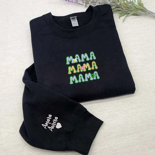 Embroidered Custom Sweatshirts, Personalized Floral Mama Embroidery Sweatshirt, Customized Sweatshirt With Initial On Sleeve, Christmas Gift