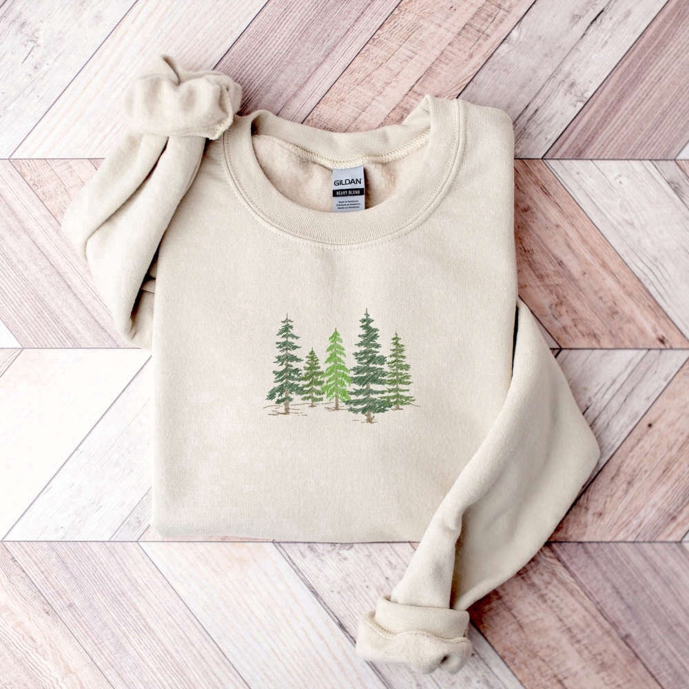 Embroidered Custom Sweatshirts, Pine Tree Embroidered Sweatshirt 2D Crewneck Sweatshirt For Women And Men, Christmas Gift