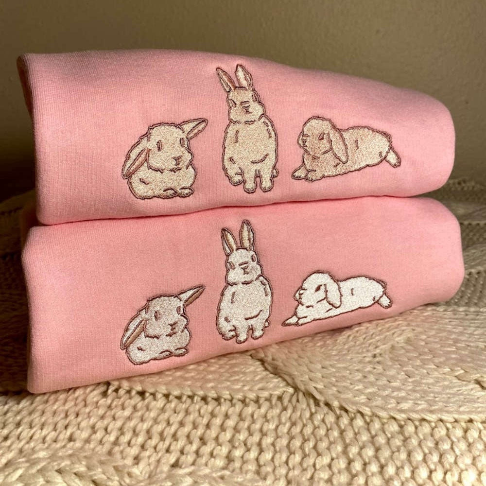 Embroidered Custom Sweatshirts, Pink Bunny Embroidered Sweatshirt 2D Crewneck Sweatshirt For Family, Christmas Gift