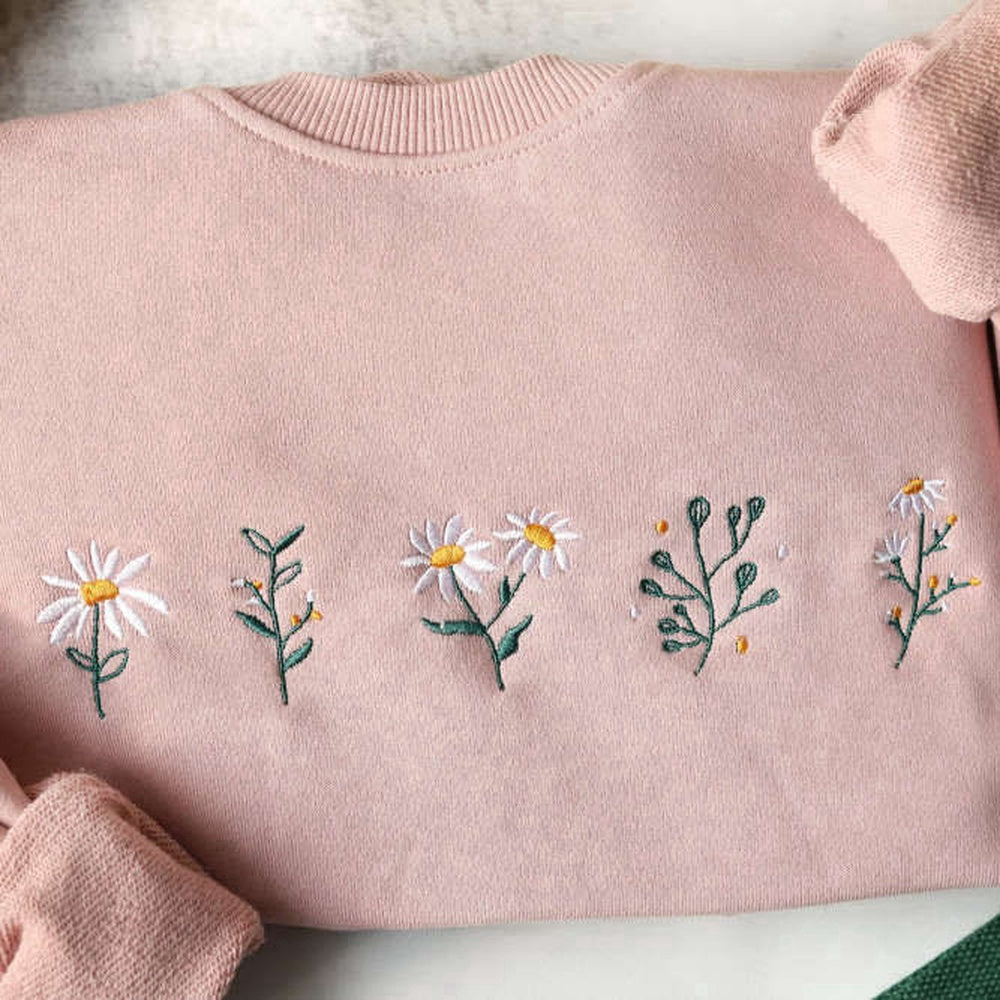 Embroidered Custom Sweatshirts, Pink Daisy Embroidered Sweatshirt 2D Crewneck Sweatshirt For Family, Christmas Gift