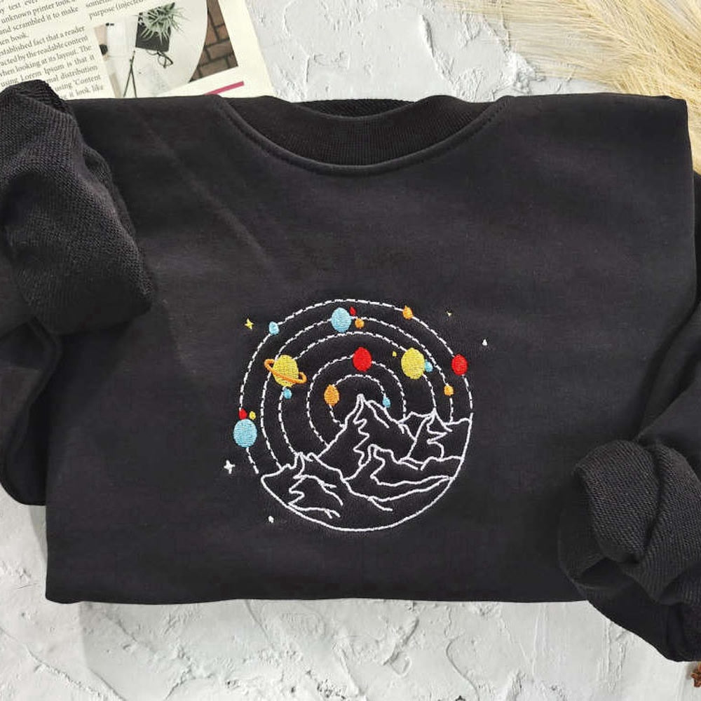 Embroidered Custom Sweatshirts, Planets And Mountain Embroidered Sweatshirt 2D Crewneck Sweatshirt Best Gift For Family, Christmas Gift