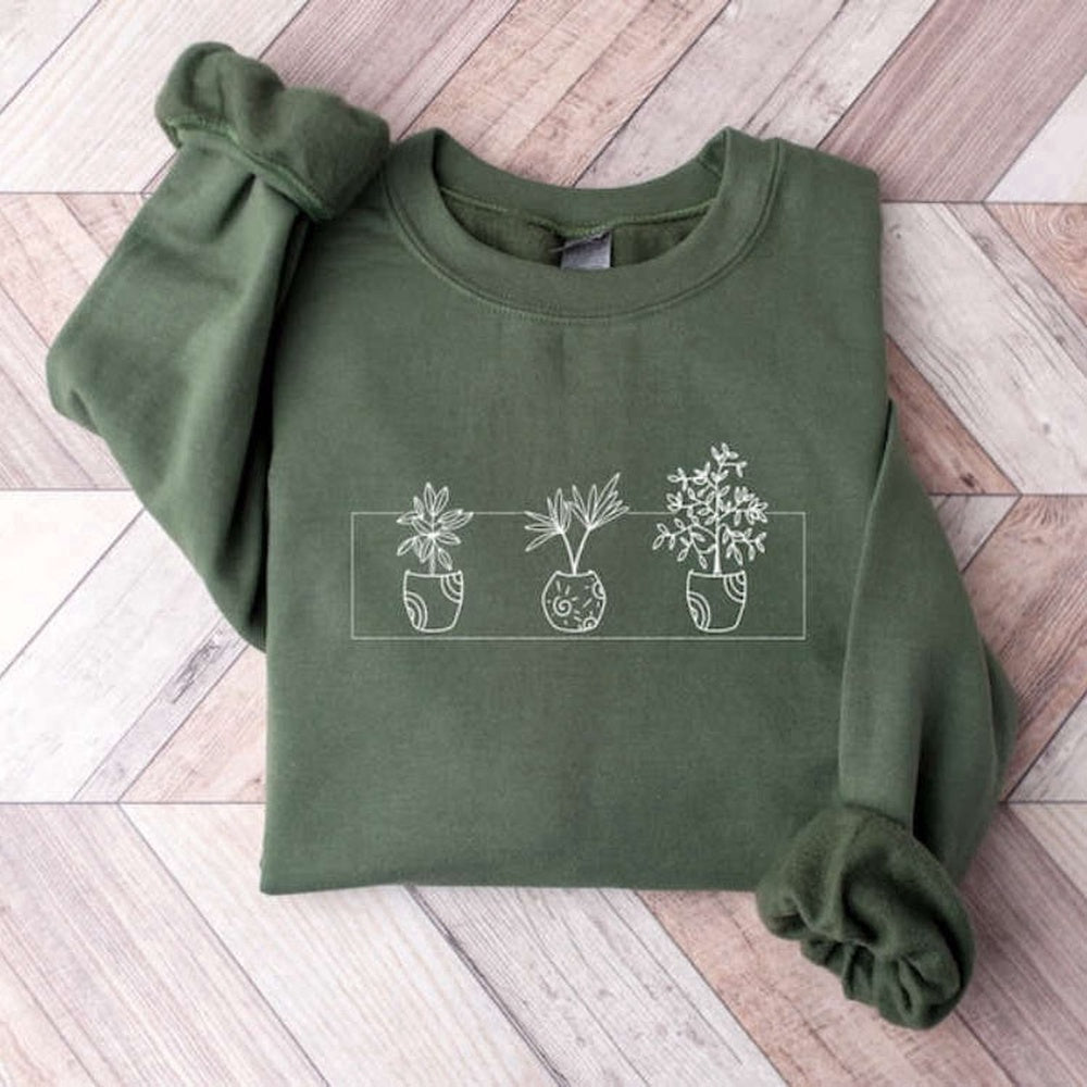 Embroidered Custom Sweatshirts, Plant Flower Embroidered Sweatshirt 2D Crewneck Sweatshirt For Men And Women, Christmas Gift