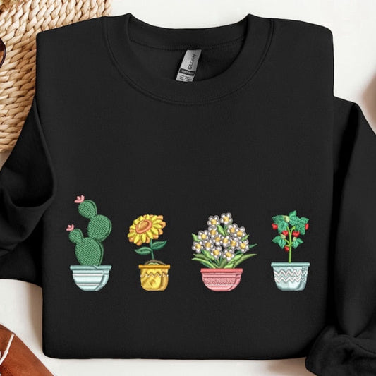 Embroidered Custom Sweatshirts, Pot Plants Embroidered Sweatshirt 2D Crewneck Sweatshirt For Men Women, Christmas Gift