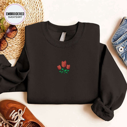 Embroidered Custom Sweatshirts, Red Flowers Embroidered Sweatshirt 2D Crewneck Sweatshirt For Women And Women, Christmas Gift