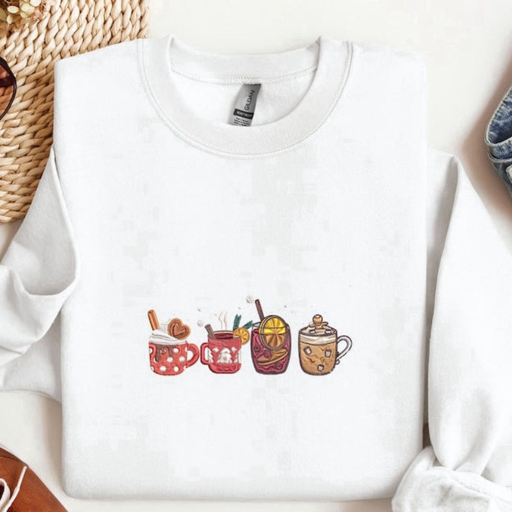 Embroidered Custom Sweatshirts, Retro Pumpkin Cup Embroidered Sweatshirt 2D Crewneck Sweatshirt For Family, Christmas Gift