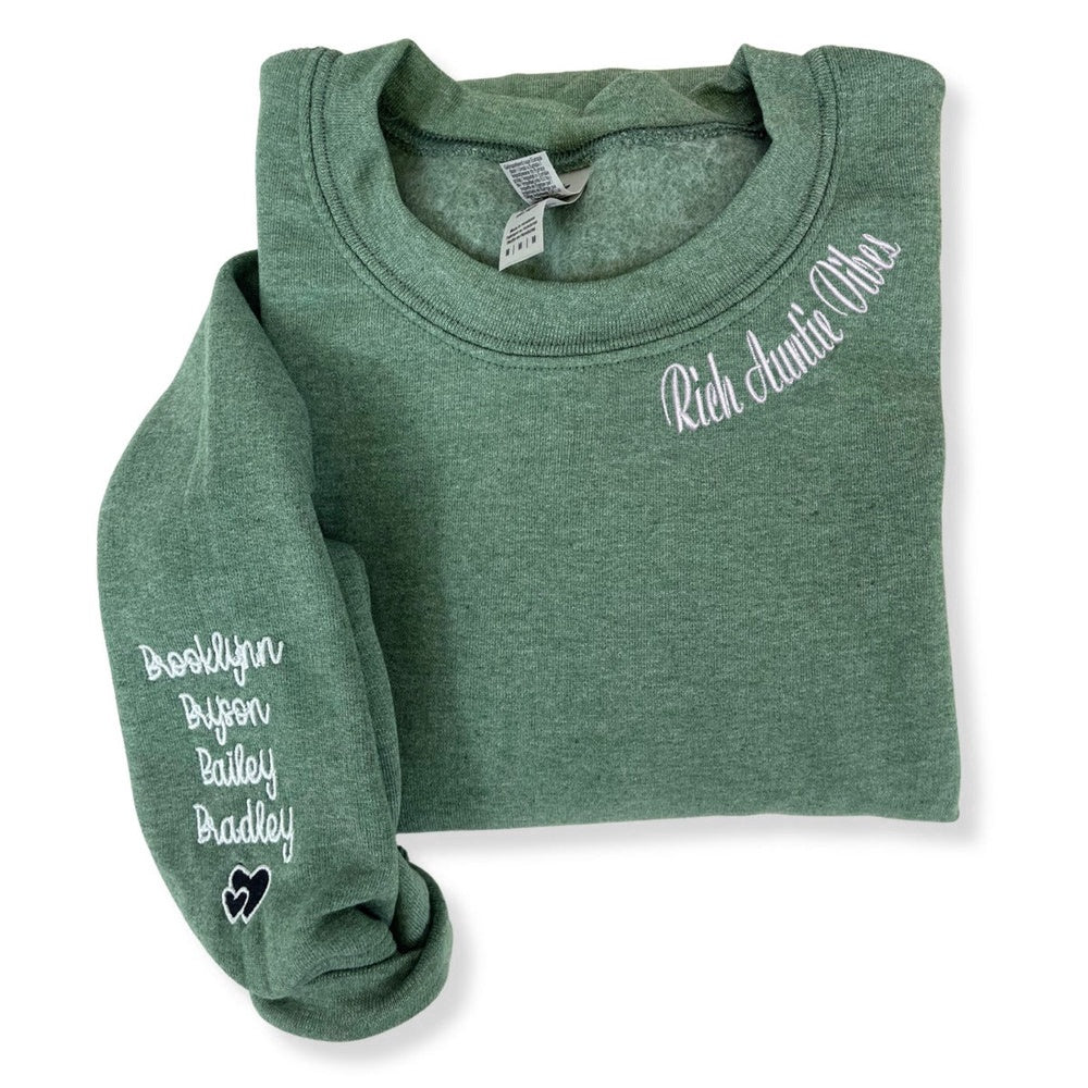 Embroidered Custom Sweatshirts, Rich Auntie Vibes Sweatshirt With Children Names On Sleeve, Christmas Gift