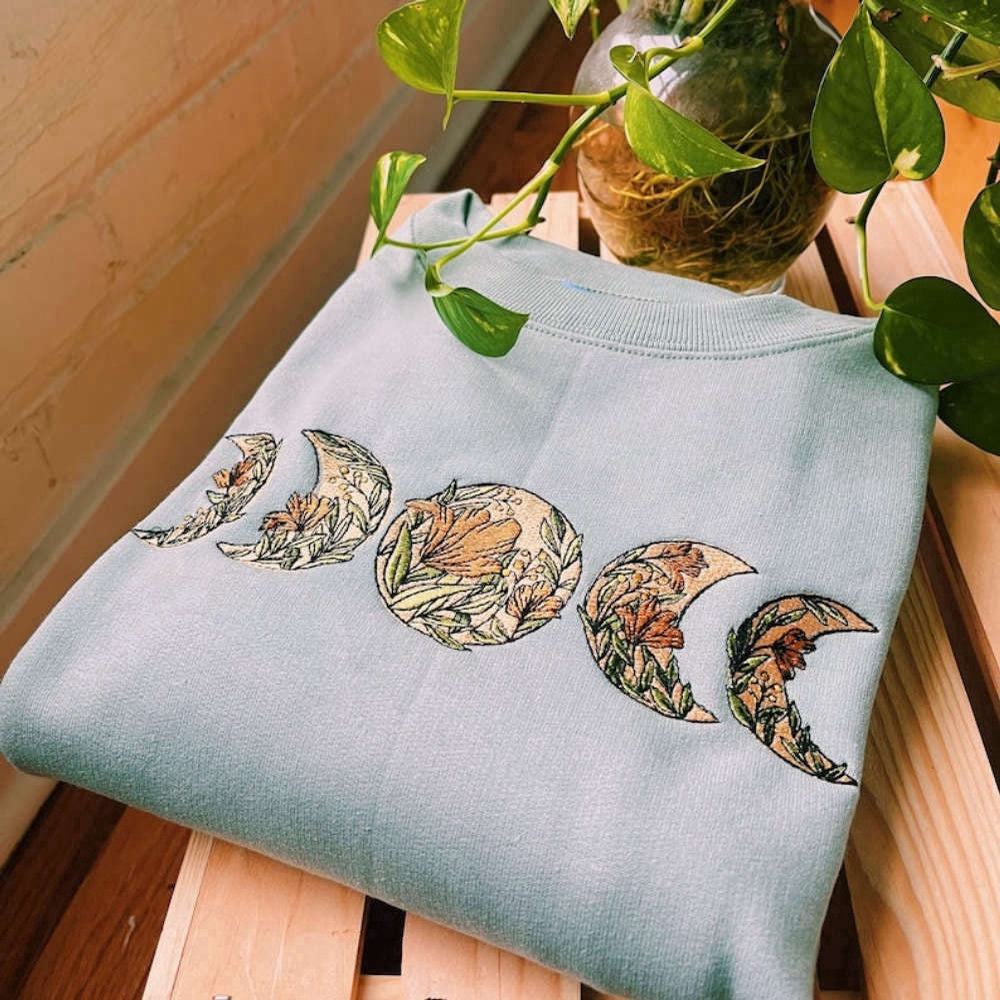 Embroidered Custom Sweatshirts, Sage Floral Moon Phase Embroidered Sweatshirt 2D Crewneck Sweatshirt For Family, Christmas Gift