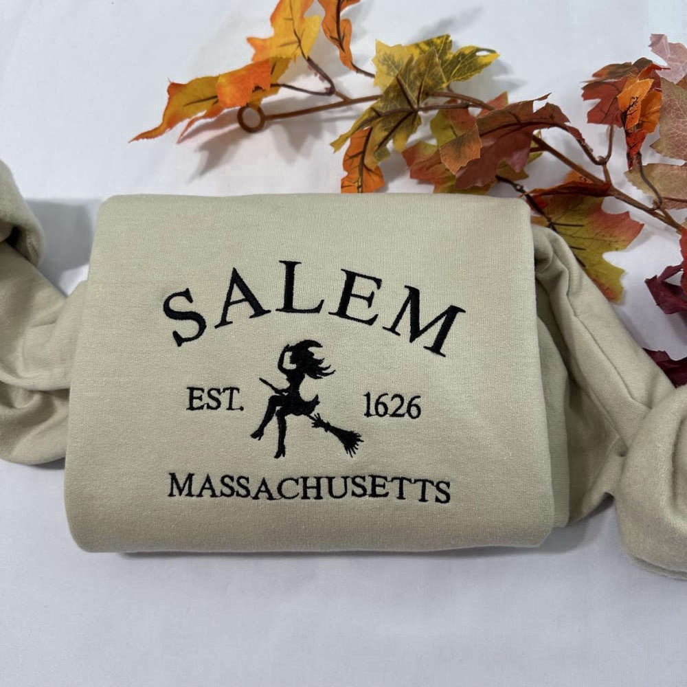 Embroidered Custom Sweatshirts, Salem Massachusetts Embroidered Sweatshirt 2D Crewneck Sweatshirt Gift For Family, Christmas Gift