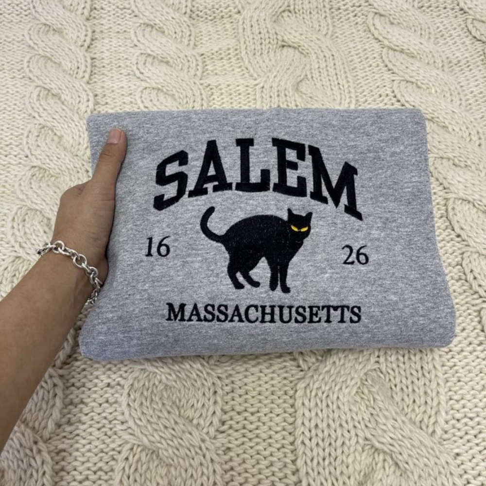 Embroidered Custom Sweatshirts, Salem Massachusetts Embroidered Sweatshirt 2D Crewneck Sweatshirt Gift For Pet Lover, Christmas Gift