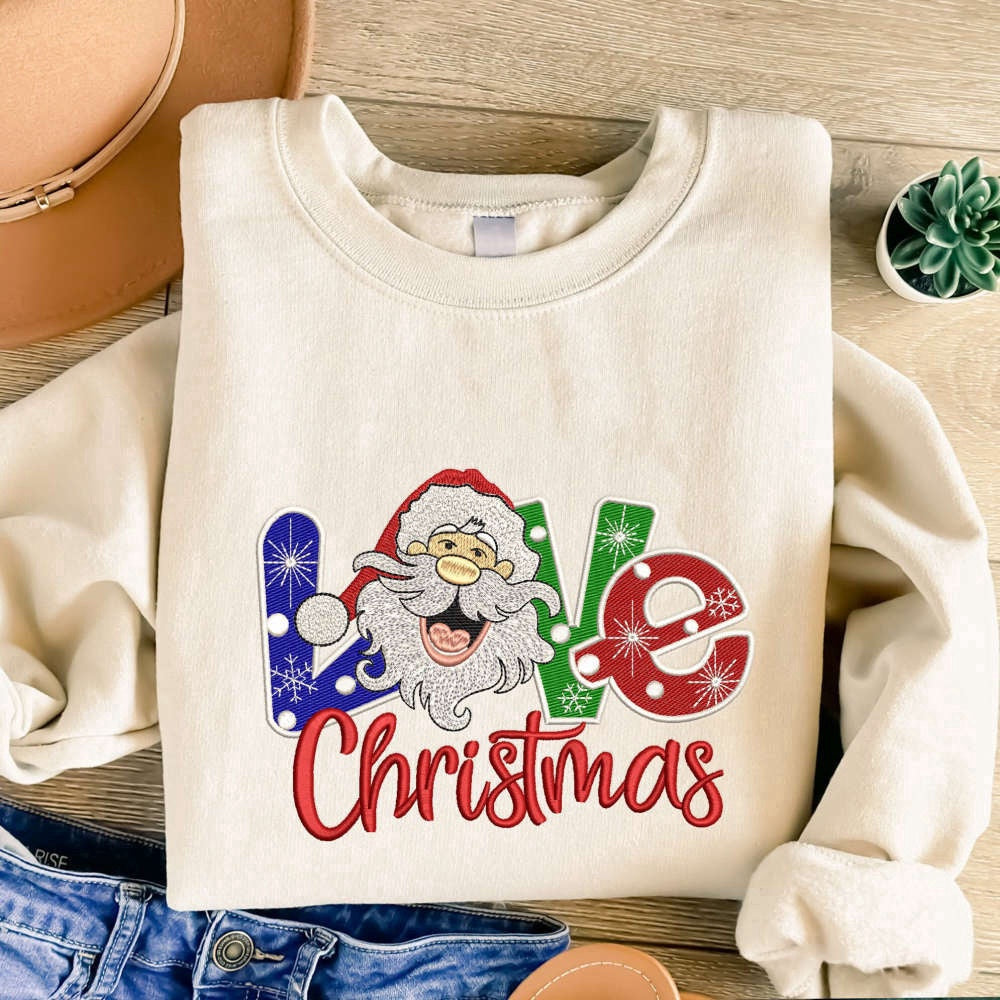 Embroidered Custom Sweatshirts, Santa Christmas Embroidered Sweatshirt 2D Crewneck Sweatshirt Gift For Family, Christmas Gift