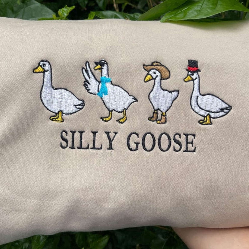 Embroidered Custom Sweatshirts, Silly Goose Embroidered Sweatshirt 2D Crewneck Sweatshirt For Family, Christmas Gift