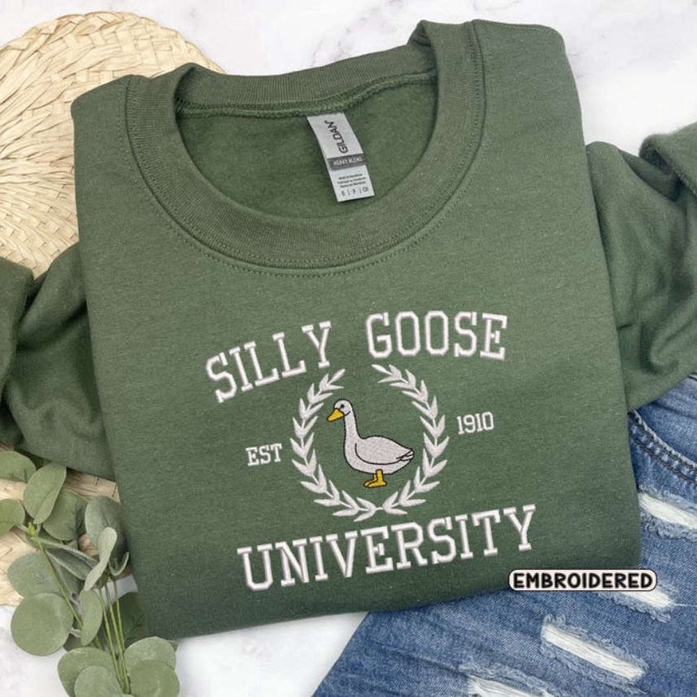 Embroidered Custom Sweatshirts, Silly Goose University Embroidered Sweatshirt 2D Crewneck Sweatshirt For Men Women, Christmas Gift