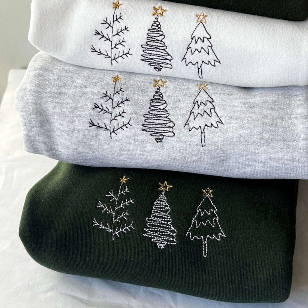 Embroidered Custom Sweatshirts, Simple Tree Doodles Embroidered Sweatshirt 2D Crewneck Sweatshirt For Men And Women, Christmas Gift