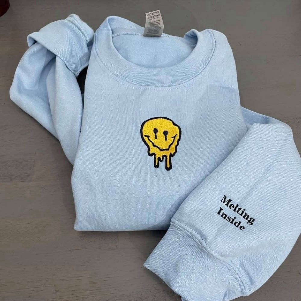 Embroidered Custom Sweatshirts, Smiley Face Embroidered Sweatshirt Melted Smiley Face Crewneck Gift For Family, Christmas Gift