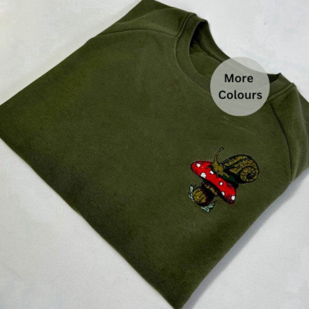 Embroidered Custom Sweatshirts, Snail & Mushroom Embroidered Sweatshirt 2D Crewneck Sweatshirt For Family, Christmas Gift