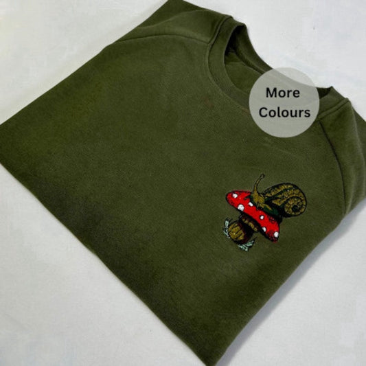 Embroidered Custom Sweatshirts, Snail & Mushroom Embroidered Sweatshirt 2D Crewneck Sweatshirt For Family, Christmas Gift