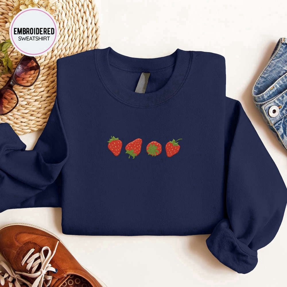 Embroidered Custom Sweatshirts, Strawberries Embroidered Sweatshirt 2D Crewneck Sweatshirt For Women And Women, Christmas Gift