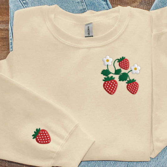 Embroidered Custom Sweatshirts, Strawberry Embroidered Sweatshirt 2D Crewneck Sweatshirt For Family, Christmas Gift