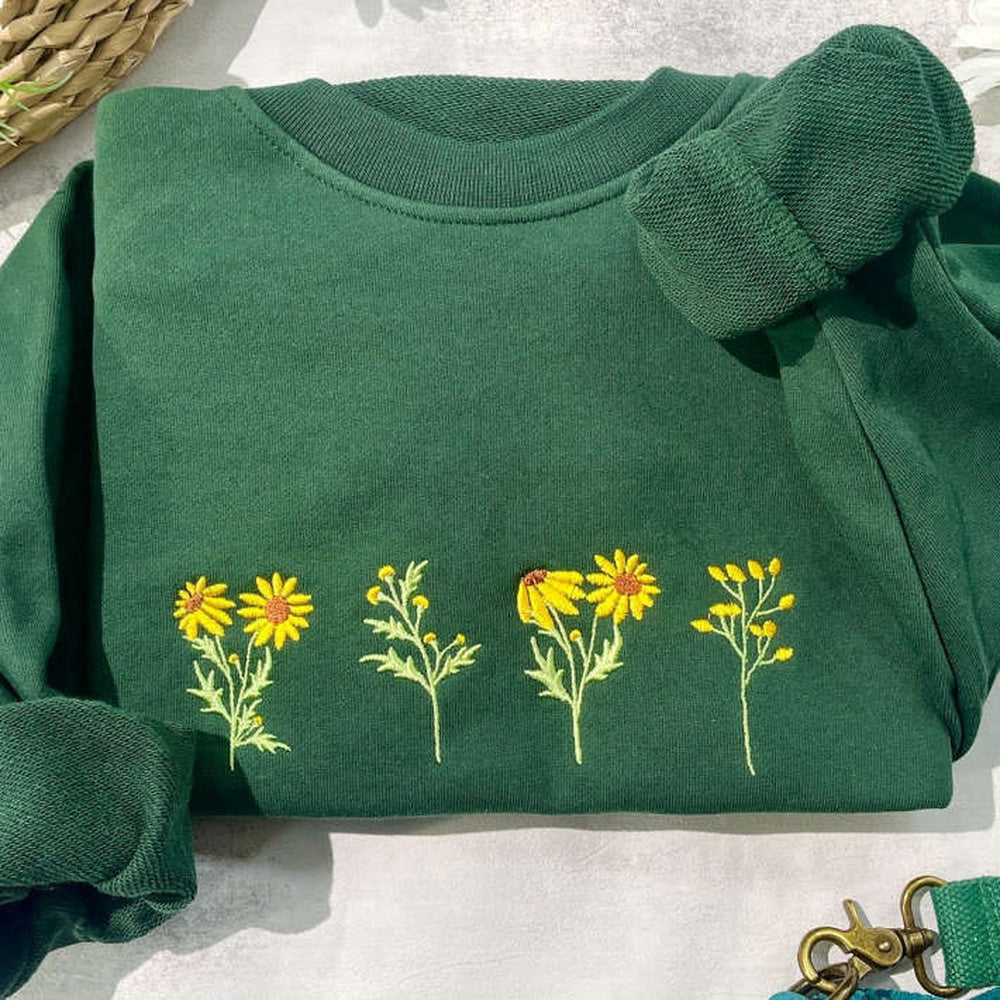 Embroidered Custom Sweatshirts, Sunflower Embroidered Sweatshirt 2D Crewneck Sweatshirt For Men Women, Christmas Gift