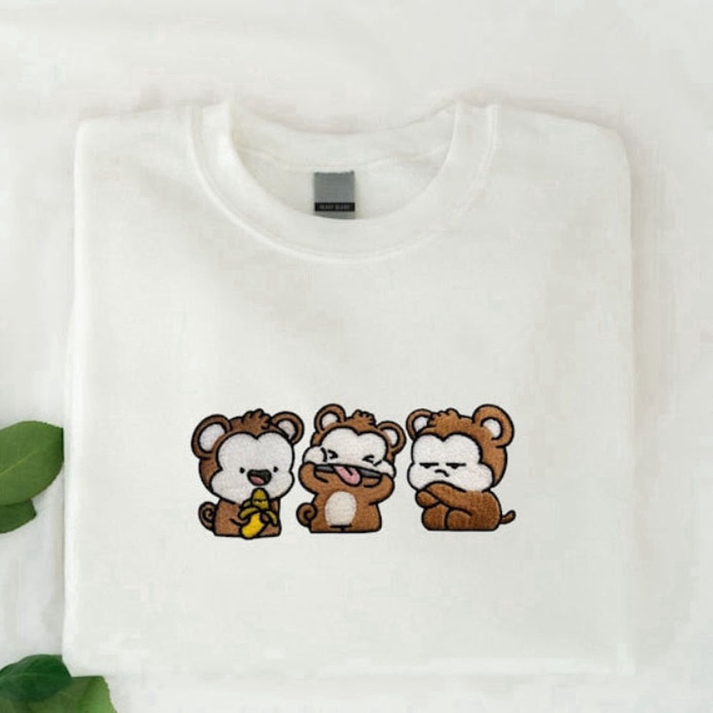 Embroidered Custom Sweatshirts, Three Monkey Embroidered Sweatshirt 2D Crewneck Sweatshirt For Family, Christmas Gift