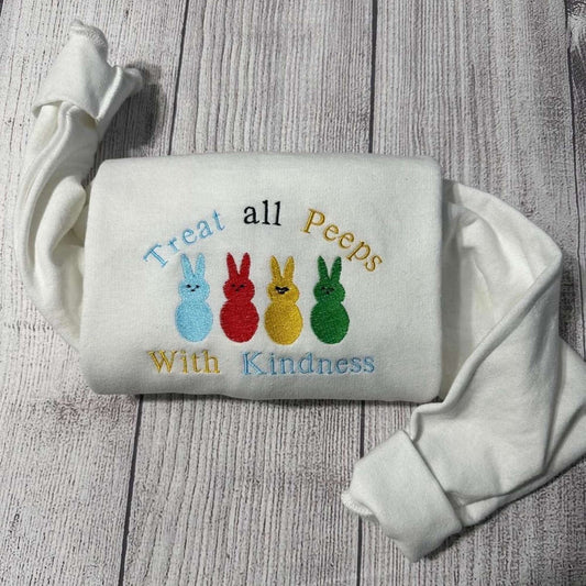 Embroidered Custom Sweatshirts, Treat Peeps With Kindness Embroidered Sweatshirt 2D Crewneck Sweatshirt Gift For Family, Christmas Gift