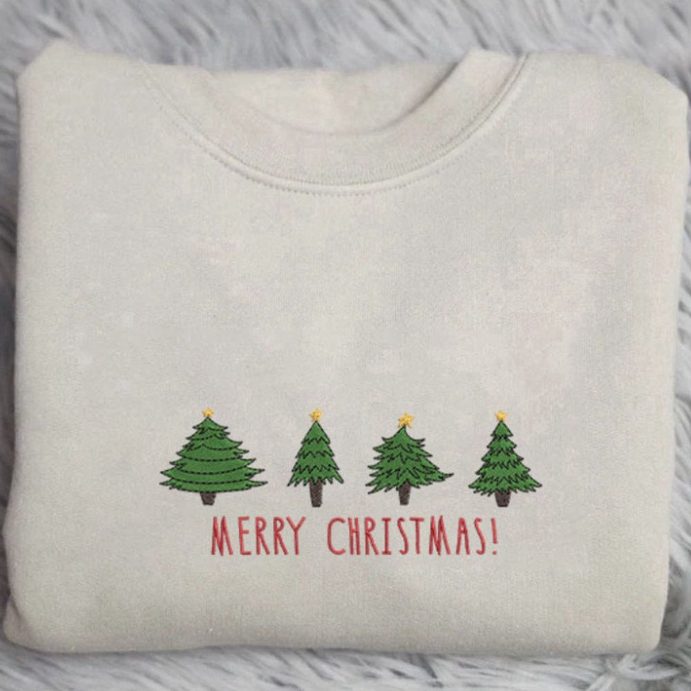 Embroidered Custom Sweatshirts, Tree Christmas Embroidery Sweatshirt, Embroidery Crewneck Sweatshirt For Family, Christmas Gift