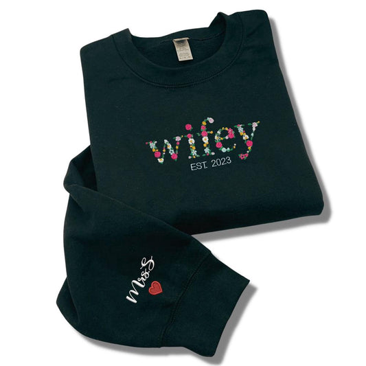 Embroidered Custom Sweatshirts, Wifey Sweatshirt, Custom Floral Wifey Sweater Est 2024 Embroidered With Initial Heart Sleeve, Christmas Gift