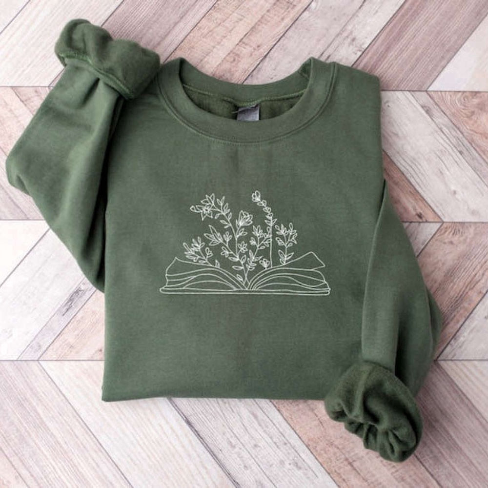 Embroidered Custom Sweatshirts, Wildflower Book Embroidered Sweatshirt 2D Crewneck Sweatshirt For Family, Christmas Gift