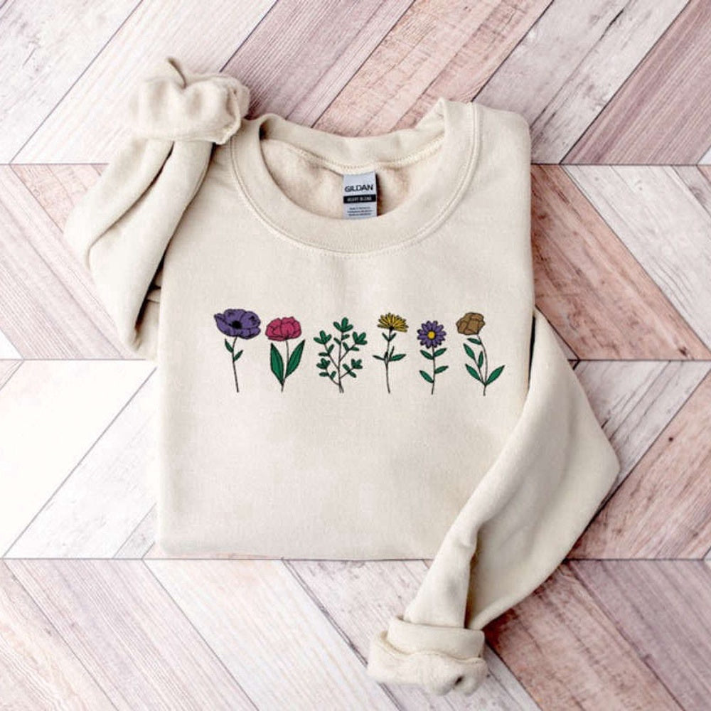 Embroidered Custom Sweatshirts, Wildflower Embroidered Sweatshirt 2D Crewneck Sweatshirt For Men And Women, Christmas Gift