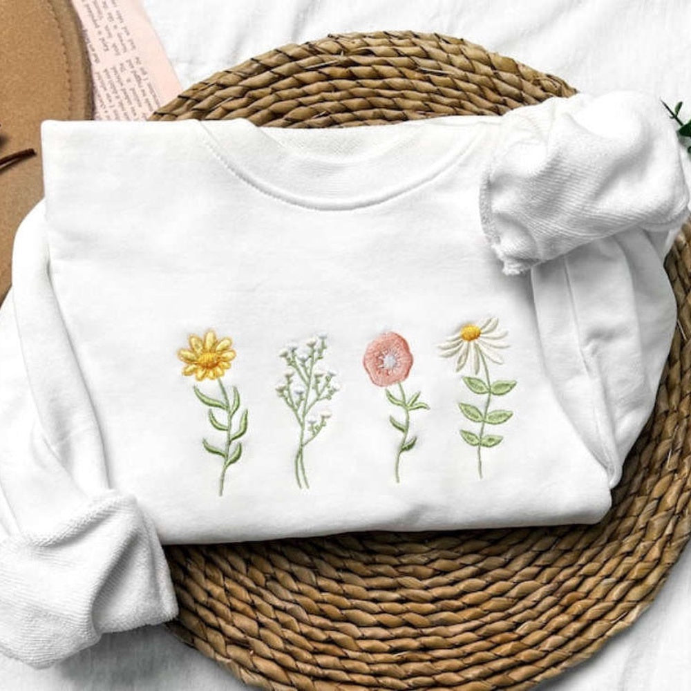 Embroidered Custom Sweatshirts, Wildflowers Embroidered Sweatshirt 2D Crewneck Sweatshirt Best Gift For Family, Christmas Gift