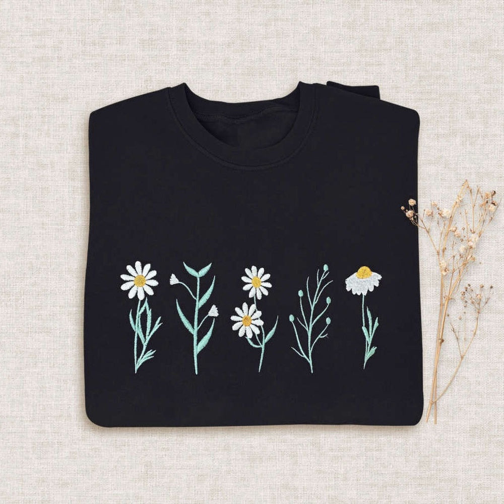 Embroidered Custom Sweatshirts, Wildflowers Embroidered Sweatshirt 2D Crewneck Sweatshirt For Family, Christmas Gift