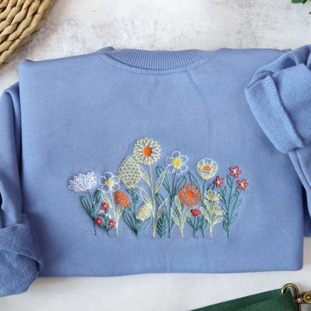 Embroidered Custom Sweatshirts, Wildflowers Embroidered Sweatshirt 2D Crewneck Sweatshirt Gift For Family, Christmas Gift