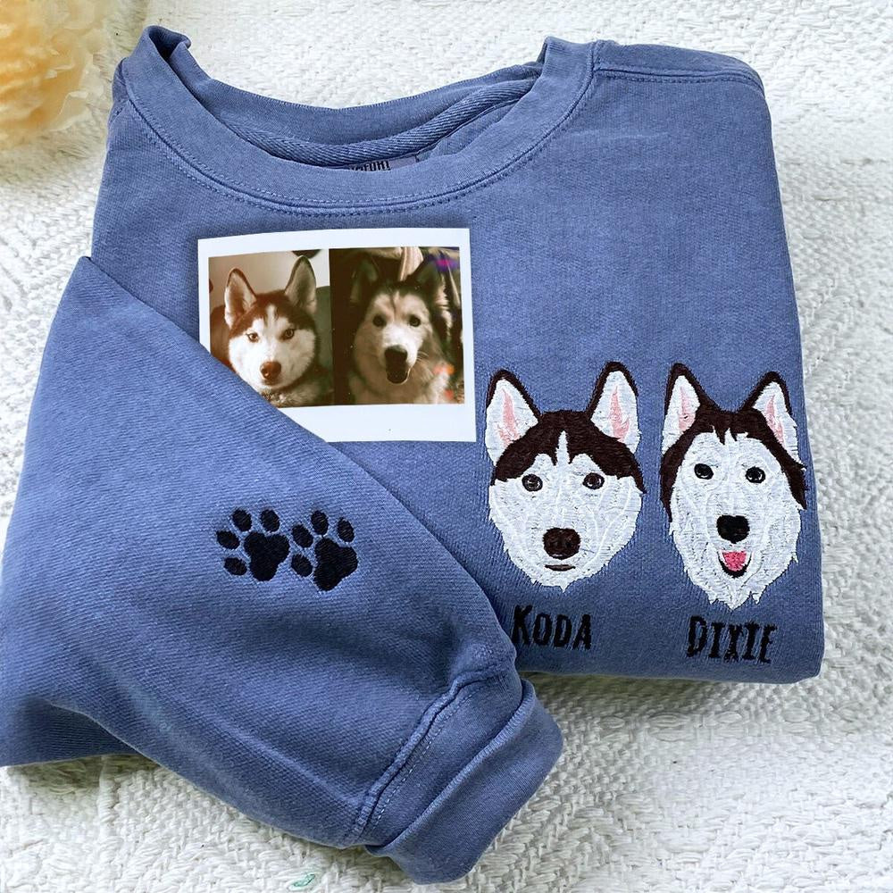 Embroidered Photo Sweatshirt, Custom Embroidered Dog Mom 2 Sweatshirt Your Photo, Christmas Gift