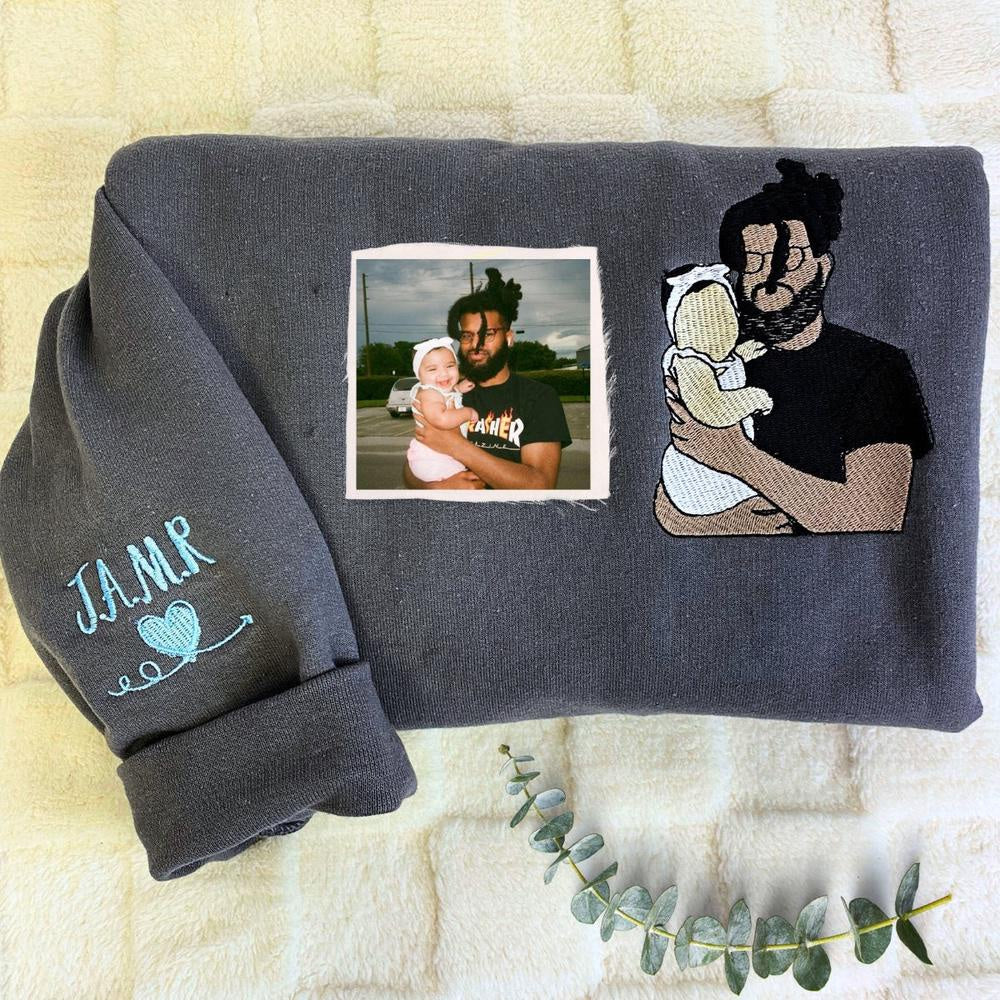 Embroidered Photo Sweatshirt, Custom Embroidered Father And Daughter 4 Sweatshirt With Photo, Personalized Gift For Dad, Christmas Gift