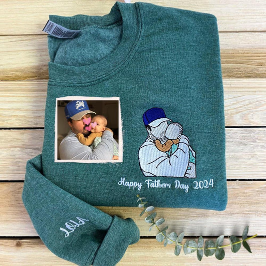 Embroidered Photo Sweatshirt, Custom Embroidered Father And Daughter Sweatshirt With Photo, Gift For Dad, Christmas Gift