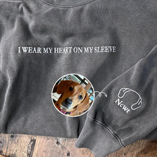 Embroidered Photo Sweatshirt, I Wear My Heart On My Sleeve Dog 3 Sweatshirt With Dog Ear, Christmas Gift