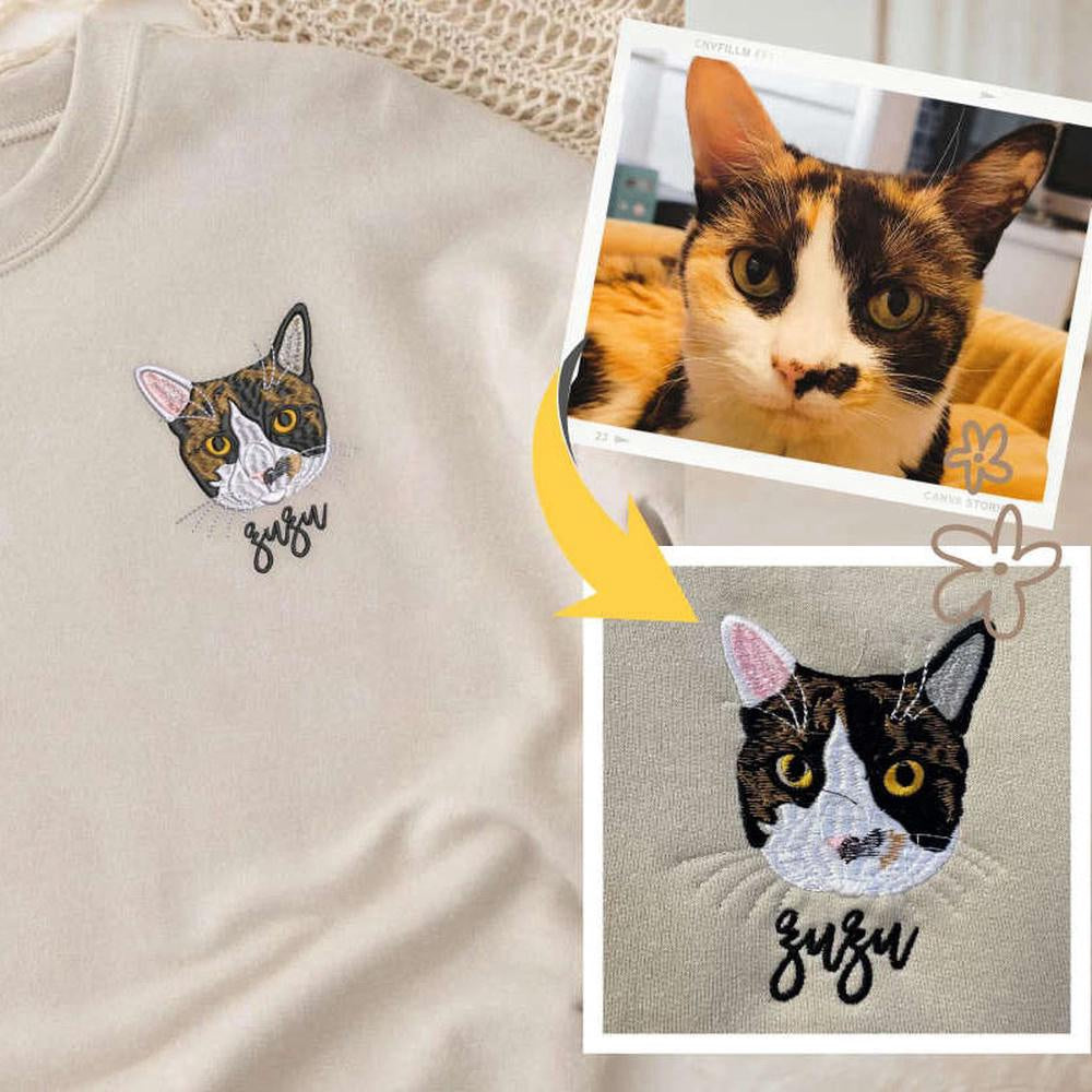 Embroidered Photo Sweatshirt, Personalized Pet Photo Embroidered Sweatshirt 2D Crewneck Sweatshirt For Pet Lover, Christmas Gift