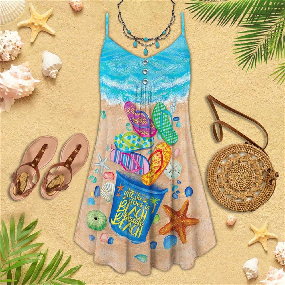 Flip Flop All She Does Is Beach Spaghetti Strap Summer Dress For Women On Beach Vacation, Hippie Dress, Hippie Beach Outfit