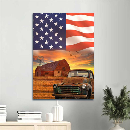 Farm Canvas, Antique Ladybug Car, Rice Field, Big Us Flag, Old Barn Portrait Canvas, Gift For Christian