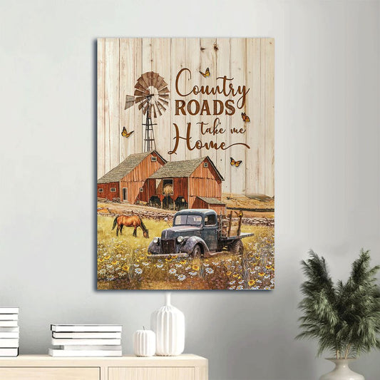 Farm Canvas, Blue Ladybug Car, Beautiful Farm, Horse Drawing Canvas, Gift For Christian, Country Roads Take Me Home, Christian Wall Art