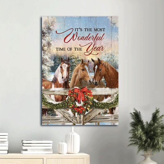 Farm Canvas, Horse Farm, Christmas Wreath, Winter Canvas, Gift For Christian, It'S The Most Wonderful Time Of The Year, Wall Art