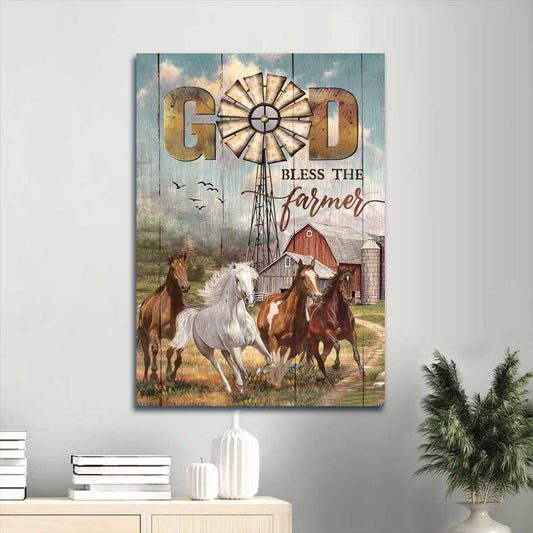 Farm Canvas, Running Horses, Red Barn, Happy Farm, Awesome Windmill Canvas, Gift For Christian, God Bless The Farmer Portrait Canvas