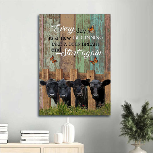 Farm Canvas, Wooden Fence, Angus Cow, Orange Butterfly Canvas, Gift For Christian, Everyday Is A New Beginning Canvas