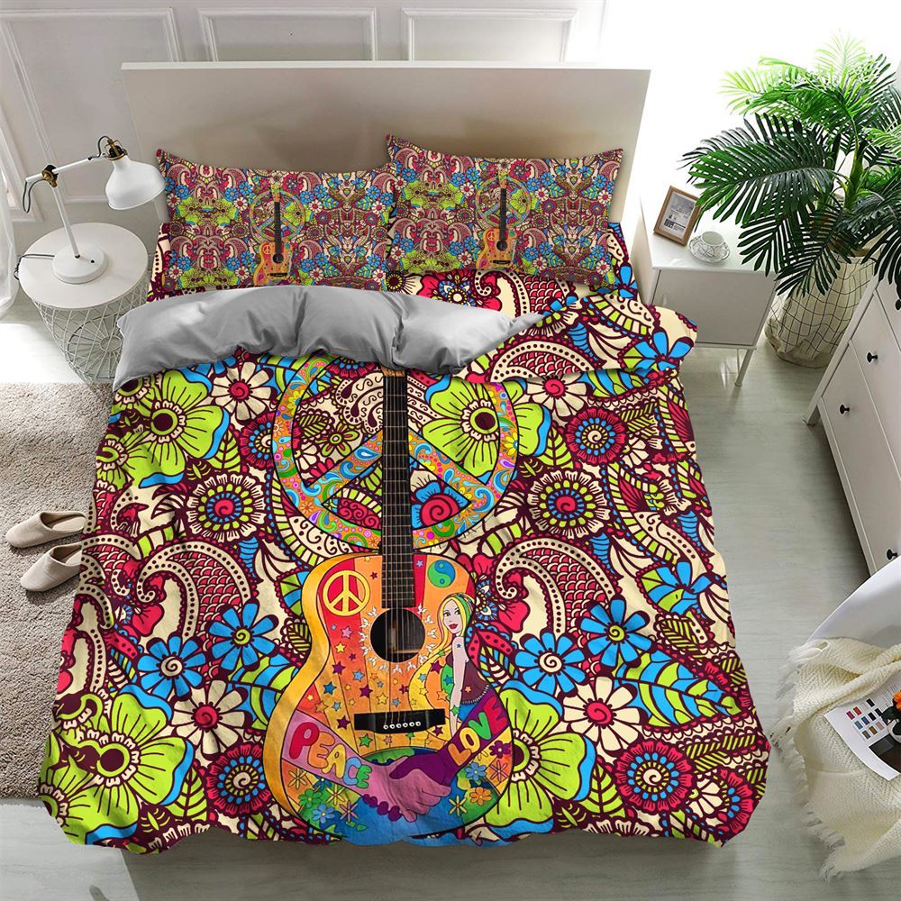 Guitar Tie Dye Hippie Quilt Bedding Set, Boho Bedding Set, Soft Comfortable Quilt, Hippie Home Decor