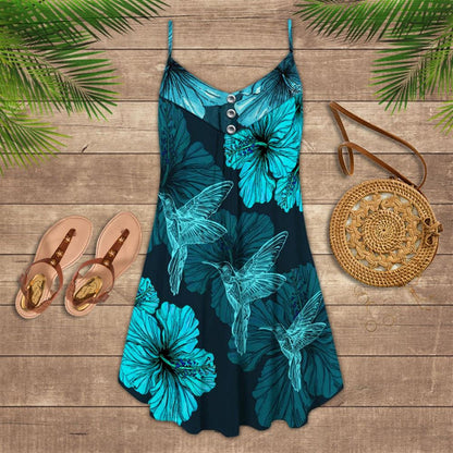 Hummingbird Hibiscus Spaghetti Strap Summer Dress For Women On Beach Vacation, Hippie Dress, Hippie Beach Outfit