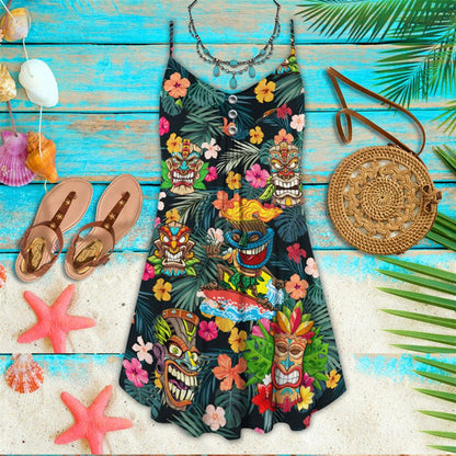 Hawaii Tiki Mask Spaghetti Strap Summer Dress For Women On Beach Vacation, Hippie Dress, Hippie Beach Outfit