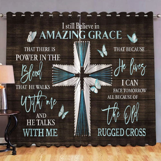 I Still Believe In Amazing Grace Blue Cross Butterfly Premium Window Curtain - Christian Window Curtain - Religious Window Curtain