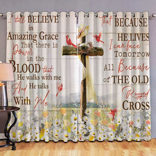I Still Believe In Amazing Grace Cross Daisy Field Cardinal Large Premium Window Curtain - Christian Window Curtain - Religious Window Curtain