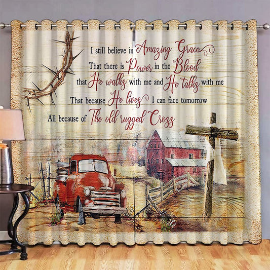I Still Believe In Amazing Grace Farm Red Truck Wooden Cross Large Premium Window Curtain - Christian Wall Decor - Religious Wall Decor