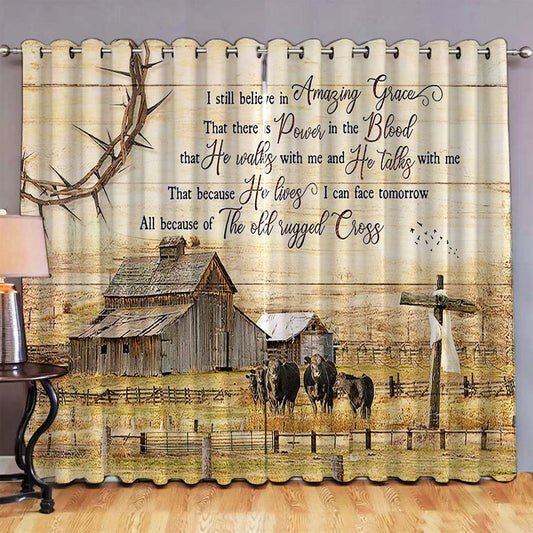 I Still Believe In Amazing Grace Premium Window Curtain - Angus Cows Wooden Cross Window Curtain - Christian Window Curtain